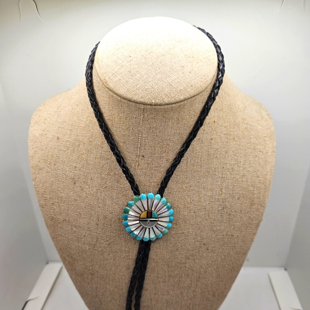 Vintage Zuni Multi Stone Inlay Sunface Bolo Tie